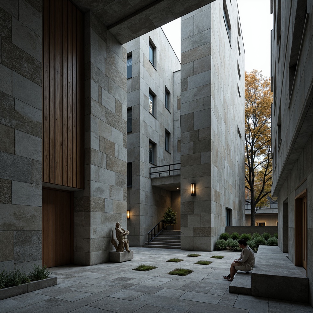 Prompt: Rugged brutalist architecture, weathered concrete walls, rough-hewn stone textures, industrial metal accents, solemn memorial atmosphere, muted color palette, dramatic natural light, angular geometric forms, imposing monumental scale, abstract sculptural elements, distressed wood finishes, cold atmospheric lighting, high-contrast shadows, cinematic composition, gritty realistic renderings.