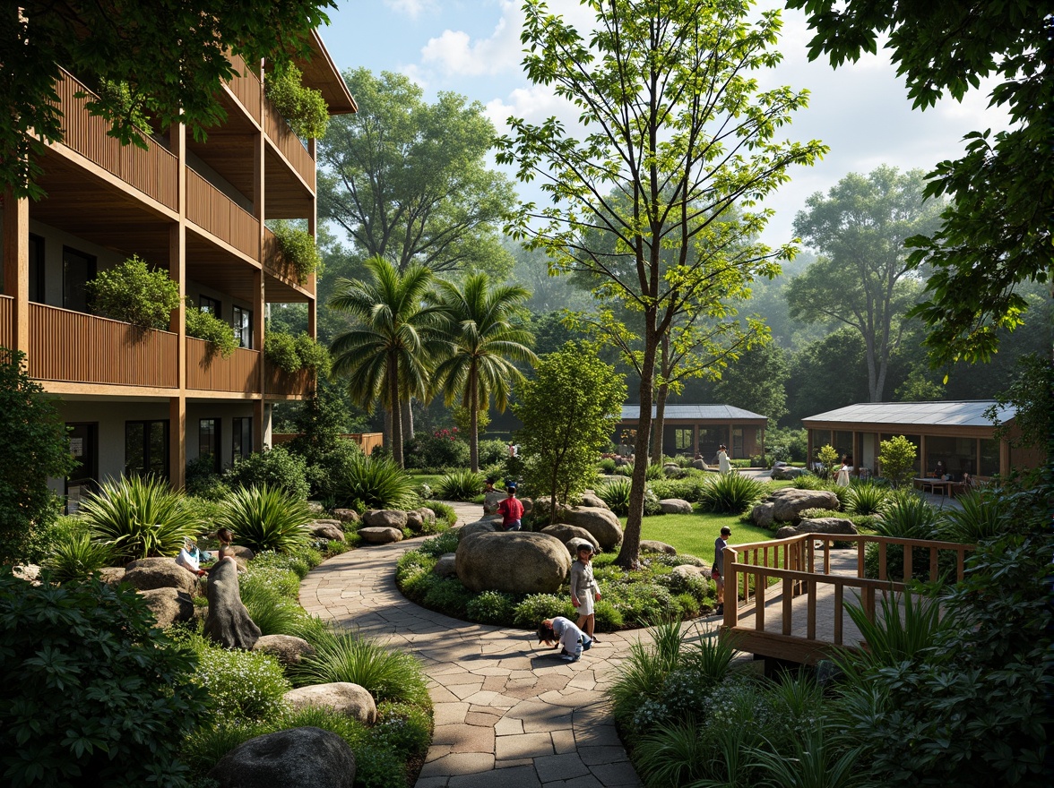 Prompt: Vibrant tropical rainforest, lush greenery, exotic plants, natural stone walls, wooden bridges, animal enclosures, educational signs, interactive exhibits, eco-friendly materials, solar panels, rainwater harvesting systems, green roofs, natural ventilation, large windows, clerestory lighting, shallow depth of field, 3/4 composition, panoramic view, realistic textures, ambient occlusion.