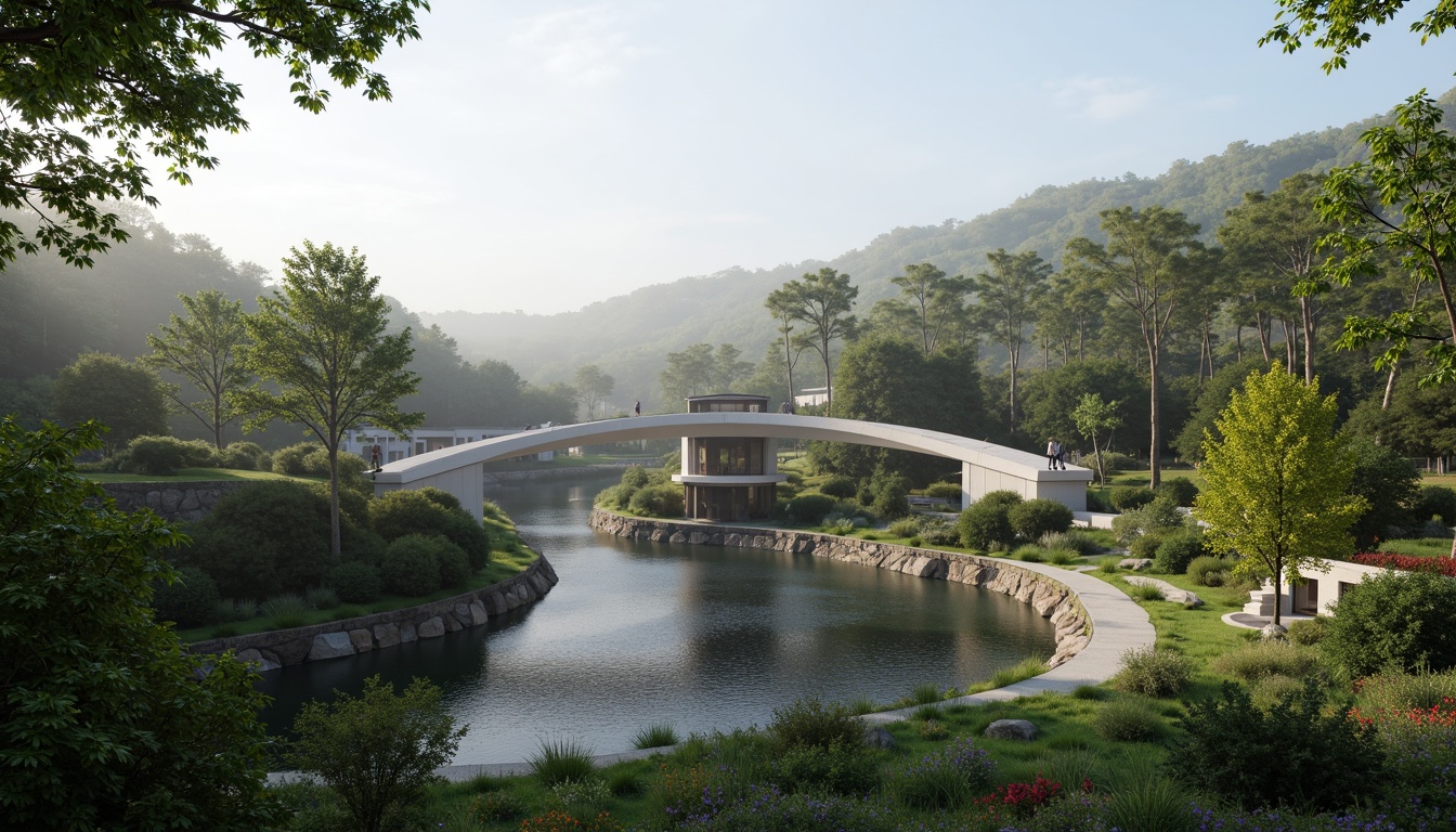 Prompt: Curved bridge silhouette, harmonious landscape integration, lush greenery, meandering waterways, natural stone foundations, sleek modern architecture, fusion of structural elements, dynamic lighting effects, misty atmospheric conditions, shallow depth of field, 1/2 composition, panoramic view, realistic textures, ambient occlusion, vibrant colorful accents, intricate geometric patterns, innovative material usage, sustainable design principles.