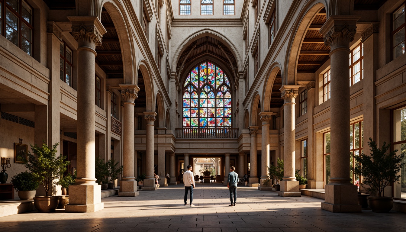 Prompt: Ornate Romanesque building, grand stone fa\u00e7ade, intricately carved arches, vibrant stained glass windows, ornamental columns, rustic brick walls, medieval-inspired design, pointed arches, ribbed vaults, clerestory windows, warm golden lighting, soft diffused shadows, 1/1 composition, symmetrical framing, realistic textures, ambient occlusion.