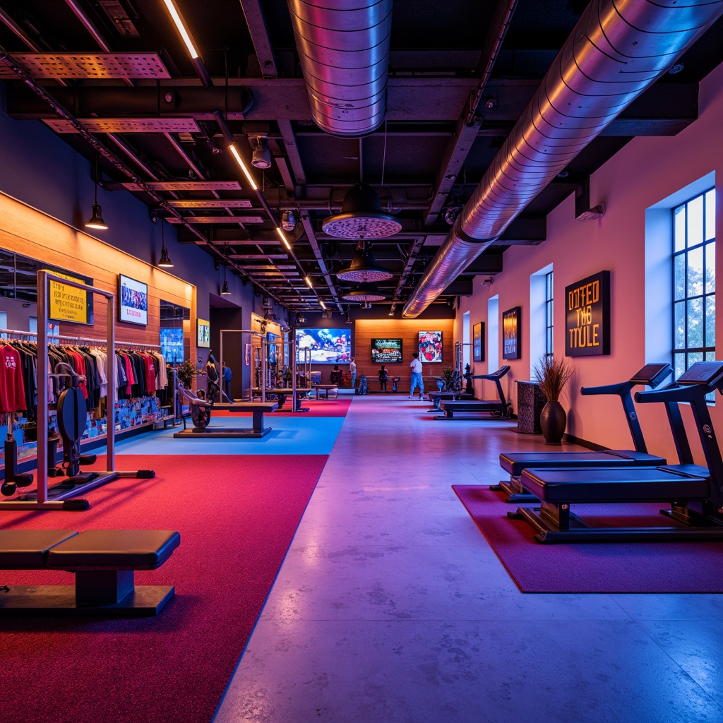 Prompt: Vibrant gym interior, bold color scheme, energetic atmosphere, neon-lit accents, metallic equipment, industrial-style flooring, exposed ductwork, modern architecture, angular lines, dynamic shapes, motivational quotes, athletic wear displays, fitness trackers, high-intensity lighting, shallow depth of field, 1/1 composition, realistic textures, ambient occlusion.