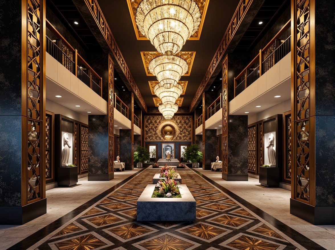 Prompt: Intricate geometric patterns, ornate metalwork, luxurious marble surfaces, grandiose statues, symmetrical compositions, opulent chandeliers, lavish mosaics, bold typography, stylized florals, zigzag motifs, chevron designs, sunburst patterns, metallic accents, polished chrome details, rich jewel tones, dramatic lighting effects, low-angle photography, cinematic atmosphere, high-contrast rendering, detailed textures, realistic reflections.