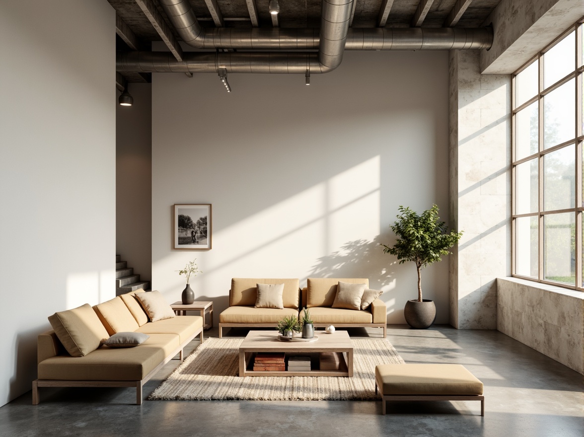 Prompt: Minimalist interior, empty space, natural light, plain walls, polished concrete floors, simple furniture, low-profile sofas, sleek coffee tables, geometric shapes, industrial materials, exposed ductwork, functional decor, calm atmosphere, soft warm lighting, shallow depth of field, 1/1 composition, realistic textures, ambient occlusion.