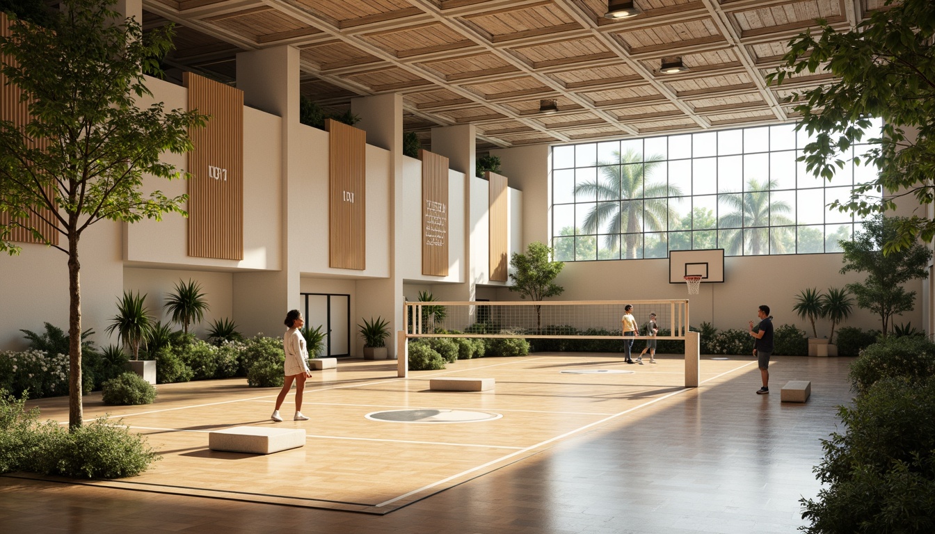 Prompt: Spacious gymnasium interior, high ceilings, natural light pouring in, polished wooden floors, basketball courts, volleyball nets, athletic tracks, exercise equipment, mirrored walls, motivational quotes, modern architectural design, sleek lines, minimalist decor, abundant greenery, tropical plants, warm color scheme, soft diffused lighting, shallow depth of field, 1/1 composition, realistic textures, ambient occlusion.