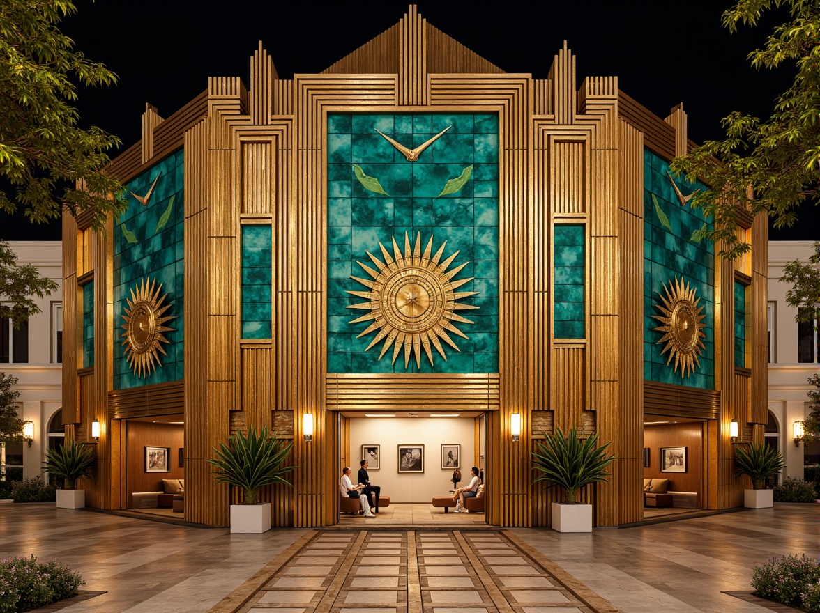 Prompt: Opulent Art Deco monument, lavish golden accents, rich bronze tones, vibrant turquoise mosaics, geometric patterns, ornate metalwork, luxurious marble surfaces, bold black outlines, stylized floral motifs, sunburst designs, zigzag patterns, metallic sheen, warm ambient lighting, shallow depth of field, 1/1 composition, symmetrical framing, high-contrast colors, intricate textures, realistic reflections.