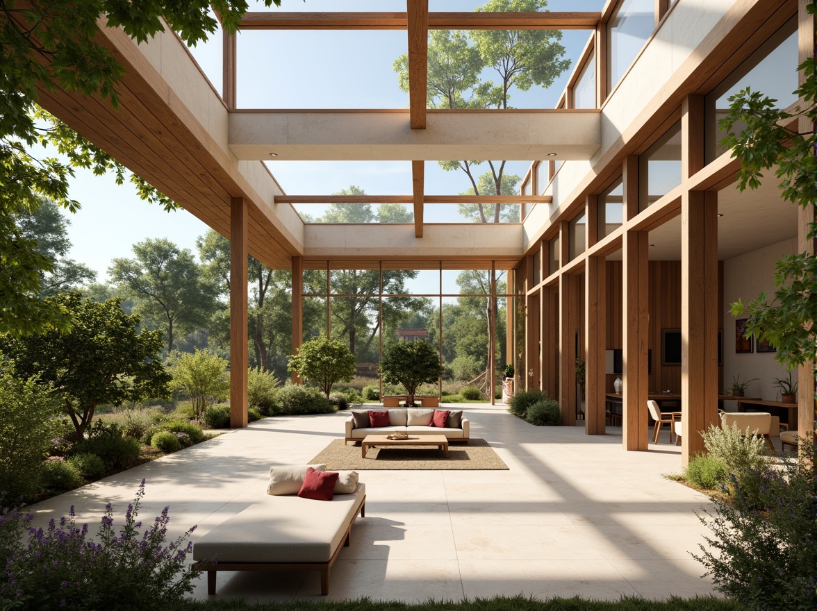 Prompt: Spacious open-plan interior, floor-to-ceiling windows, sliding glass doors, clerestory windows, skylights, reflective surfaces, minimal obstructions, airy atmosphere, natural ventilation, passive solar design, thermal mass materials, radiant flooring, warm wood accents, organic textures, earthy color palette, lush greenery, blooming plants, sunny day, soft warm lighting, shallow depth of field, 3/4 composition, panoramic view, realistic textures, ambient occlusion.