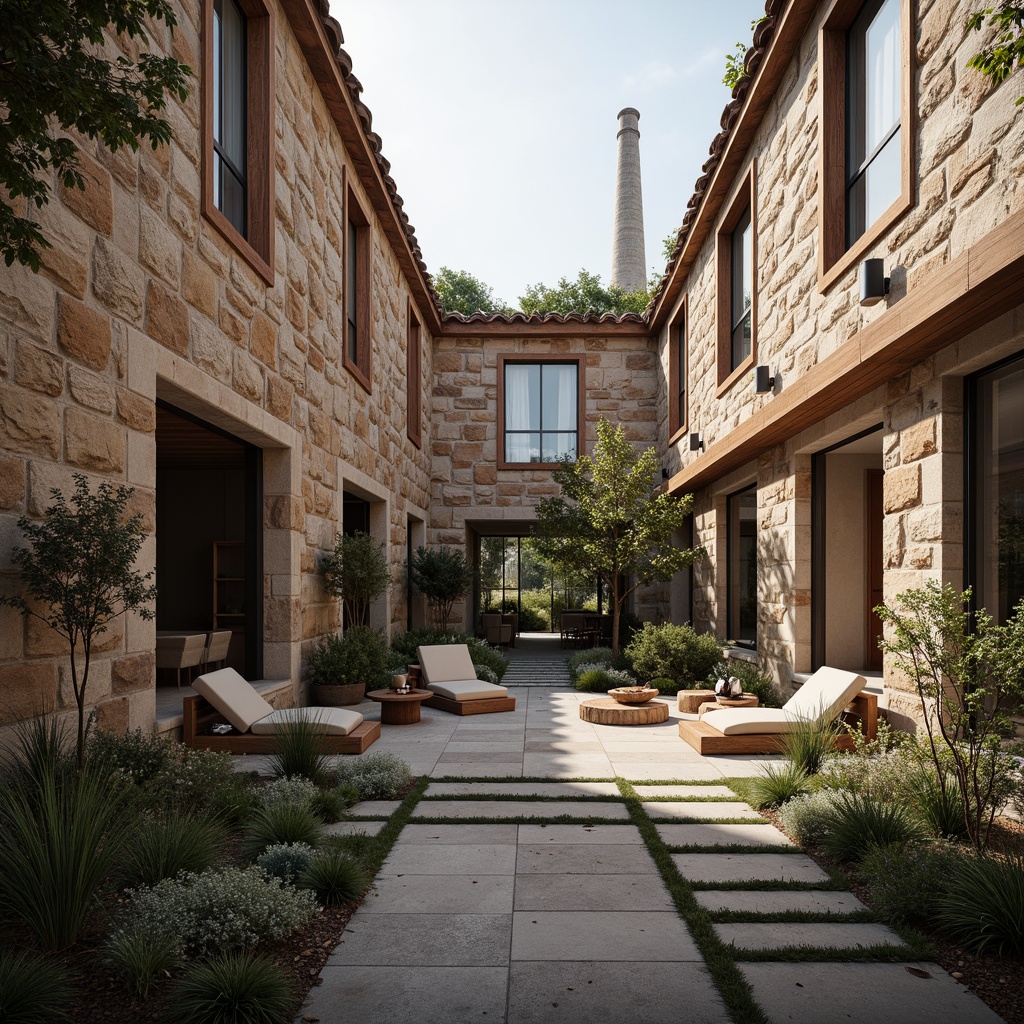 Prompt: Rough stone walls, rustic brick facades, wooden accents, natural wood grain, earthy tones, organic forms, irregular shapes, tactile experiences, 3D modeling, realistic renderings, ambient occlusion, soft warm lighting, shallow depth of field, 2/3 composition, modern architecture, sustainable design, eco-friendly materials, green roofs, living walls, urban landscapes, city skylines, industrial heritage, converted warehouses.