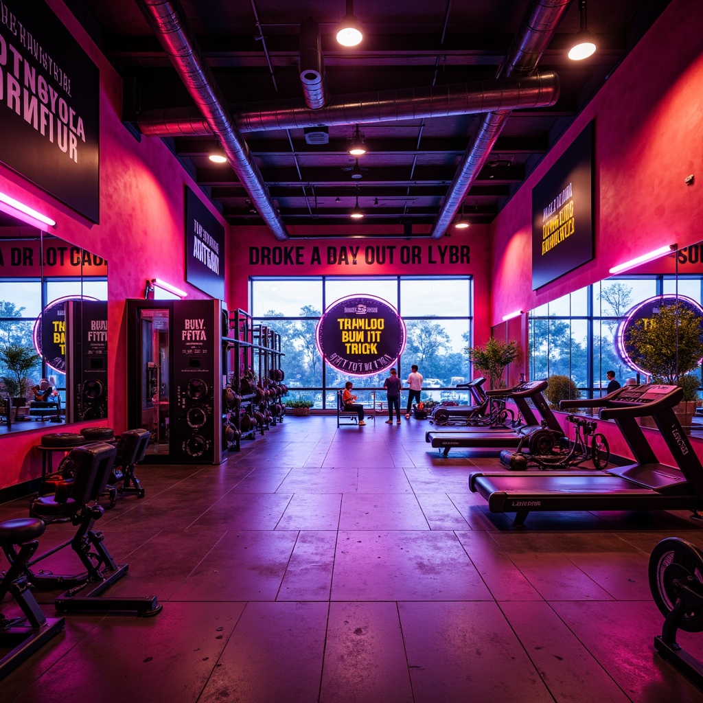 Prompt: Vibrant fitness studio, bold color scheme, energetic atmosphere, neon lights, motivational quotes, modern equipment, sleek metal frames, rubber flooring, mirrored walls, high ceilings, natural light, urban loft design, industrial chic aesthetic, reclaimed wood accents, metallic tones, dynamic lighting effects, fast-paced rhythm, 1/1 composition, shallow depth of field, realistic textures, ambient occlusion.