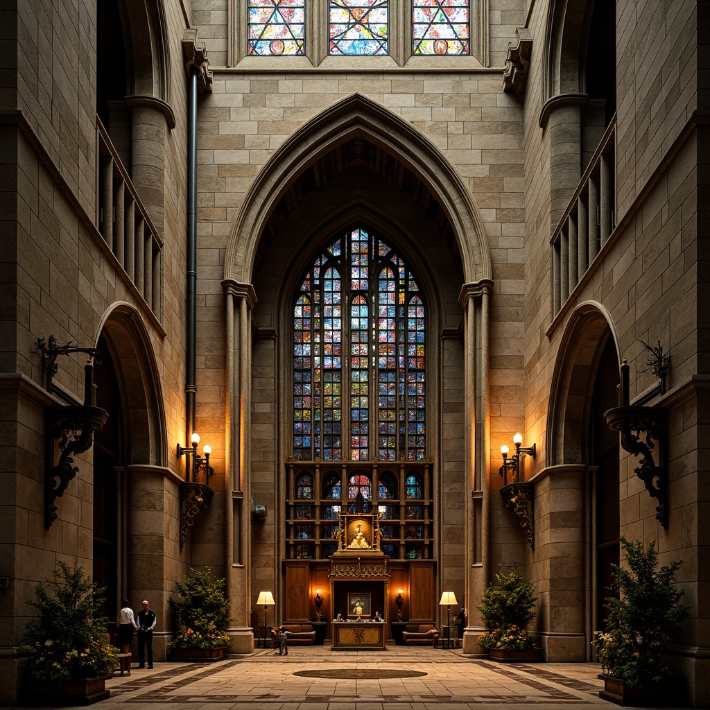 Prompt: Gothic church facade, asymmetrical composition, fragmented forms, abstract geometries, bold color contrasts, textured stone walls, stained glass windows, intricate metalwork, ornate doorways, dramatic arches, pointed spires, mystical ambiance, warm golden lighting, high-contrast shadows, 1/2 composition, low-angle shot, cinematic atmosphere, detailed textures, ambient occlusion.