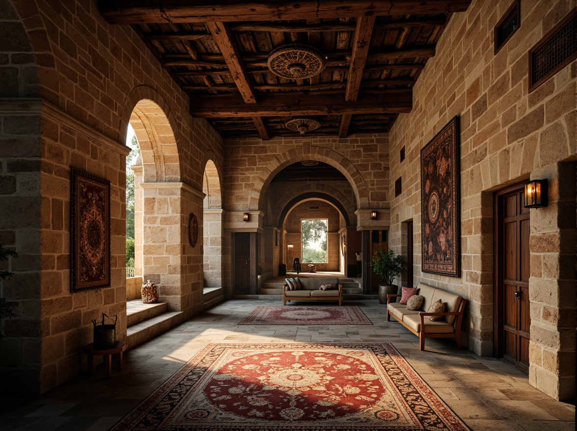 Prompt: Rustic stone walls, weathered brick facades, ornate carvings, intricate archways, grandiose vaulted ceilings, richly patterned textiles, warm golden lighting, soft diffused shadows, 1/1 composition, symmetrical framing, realistic material textures, ambient occlusion, mysterious atmosphere, ancient historical context, European medieval setting.