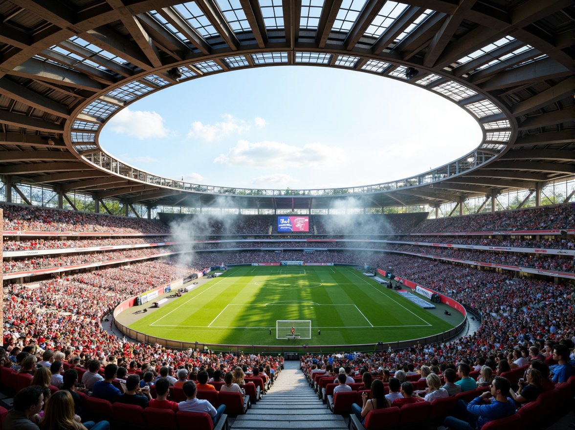 Prompt: Vibrant stadium interior, dynamic seating arrangement, tiered stands, sleek modern architecture, polished concrete floors, bright LED lighting, atmospheric misting systems, lush greenery, natural stone walls, curved lines, open concourses, spacious walkways, panoramic views, shallow depth of field, 3/4 composition, realistic textures, ambient occlusion, energetic crowd atmosphere, warm sunny day, soft warm lighting.