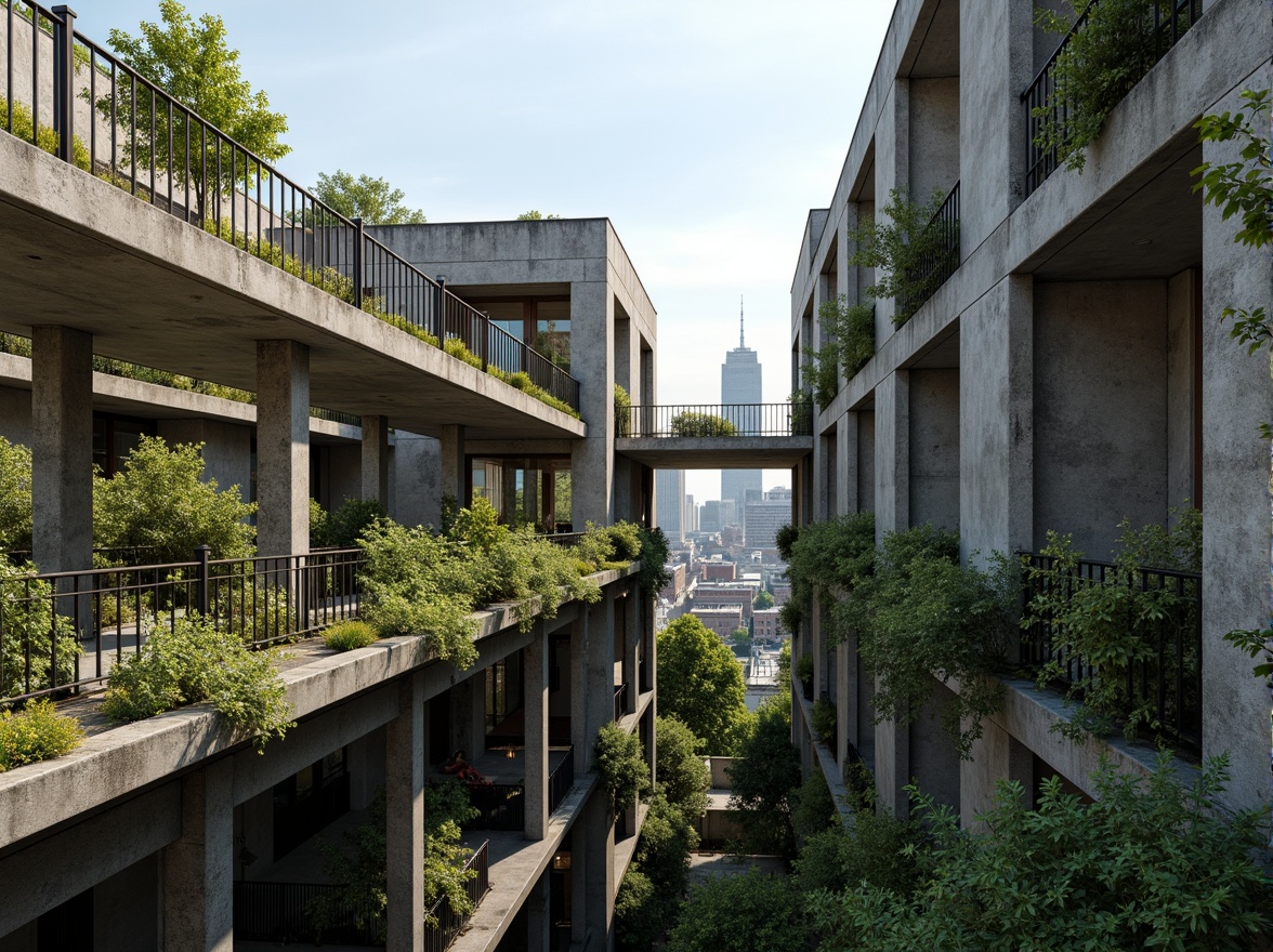 Prompt: Rugged brutalist buildings, raw concrete textures, fortress-like structures, overgrown vegetation, wildflowers, moss-covered walls, weathered steel beams, industrial materials, urban landscape integration, cityscape views, elevated walkways, cantilevered sections, dramatic shadows, harsh natural light, 1/1 composition, symmetrical framing, high-contrast lighting, gritty realistic textures, ambient occlusion.