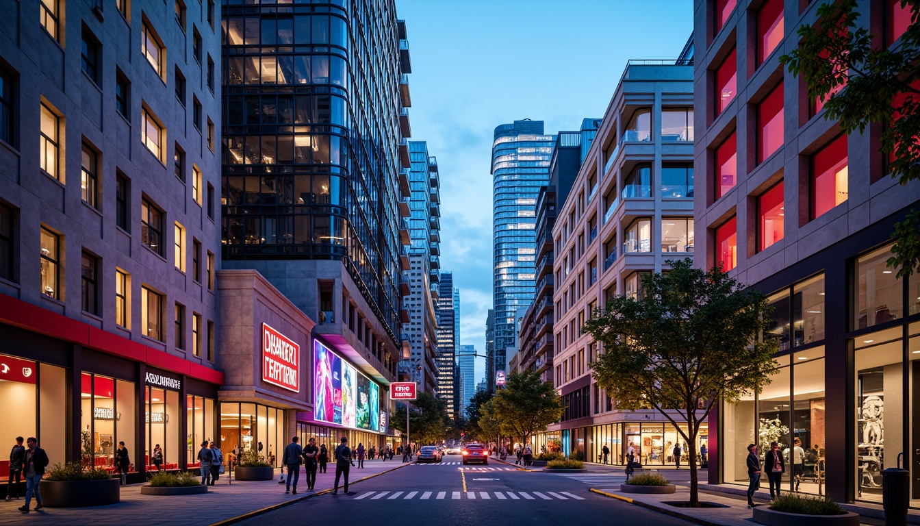 Prompt: Vibrant cityscape, modern skyscrapers, bold color blocking, contrasting hues, neon lights, urban atmosphere, bustling streets, pedestrian walkways, dynamic architecture, geometric patterns, metallic accents, glass facades, reflective surfaces, warm ambient lighting, shallow depth of field, 1/1 composition, realistic textures, ambient occlusion.