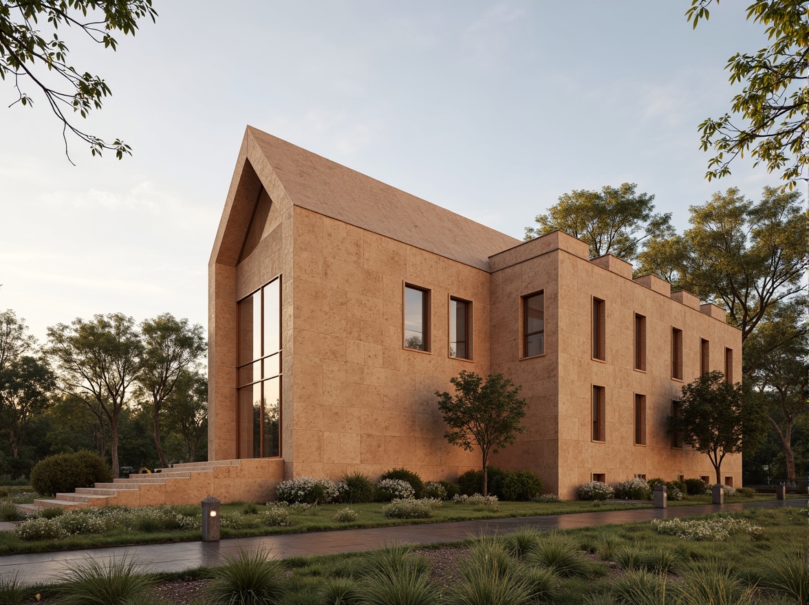 Prompt: Rustic constructivist church, cork exterior cladding, earthy tones, natural textures, geometric shapes, minimalist design, modernist architecture, sustainable building materials, eco-friendly construction, warm ambient lighting, soft diffused shadows, 1/1 composition, realistic renderings, subtle color palette, serene atmosphere, peaceful ambiance, spiritual context.