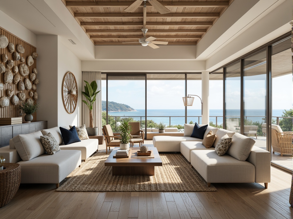 Prompt: Coastal living room, ocean-inspired color palette, driftwood accents, natural textiles, woven sea grass furniture, coral-patterned rugs, shell-adorned decorative walls, floor-to-ceiling windows, sliding glass doors, panoramic ocean views, soft warm lighting, beachy ambiance, minimalist decor, nautical-themed accessories, distressed wood flooring, plush sectional sofas, built-in shelving units, tropical plants, calming atmosphere, 1/1 composition, realistic reflections, ambient occlusion.