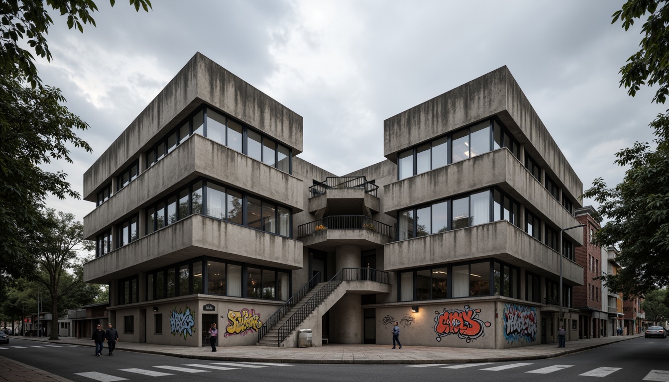 Prompt: Rugged community center, brutalist architecture, raw concrete walls, fortress-like structure, angular lines, geometric shapes, industrial materials, metal beams, exposed ductwork, urban landscape, city streets, graffiti art, street lamps, cloudy sky, dramatic lighting, high contrast, 1/1 composition, symmetrical framing, gritty textures, ambient occlusion.