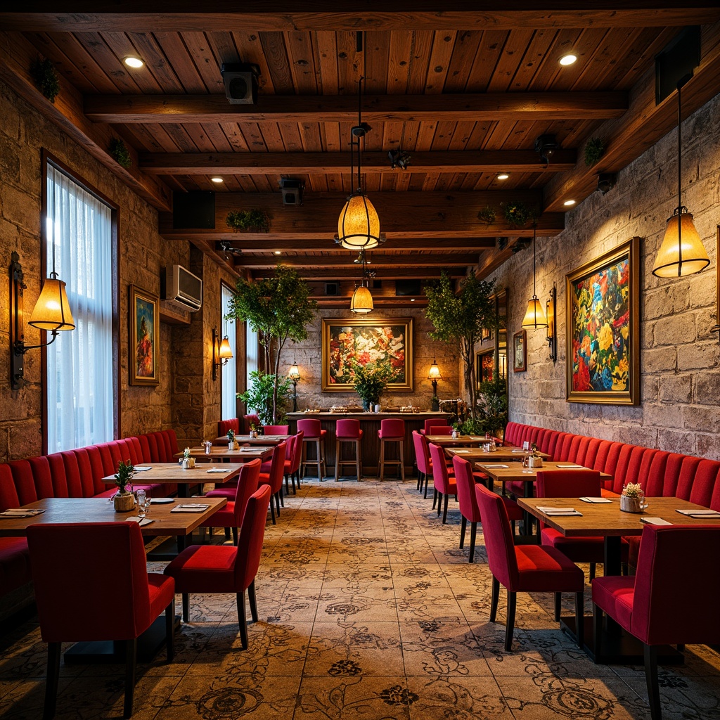 Prompt: Vibrant restaurant interior, rich wood textures, ornate metal fixtures, luxurious velvet fabrics, bold colorful patterns, eclectic decorative accents, distressed stone walls, reclaimed wooden tables, plush cushioned chairs, warm golden lighting, dramatic shadows, cinematic composition, shallow depth of field, 1/1 aspect ratio, high contrast, expressionist brushstrokes.