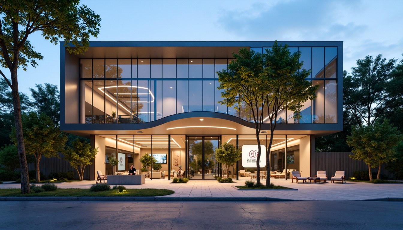 Prompt: Modern dental clinic facade, sleek glass surfaces, minimalist metal frames, subtle LED lighting, calming green walls, natural stone accents, geometric patterns, futuristic curves, cantilevered rooflines, floor-to-ceiling windows, transparent doors, airy open spaces, soft warm ambiance, shallow depth of field, 3/4 composition, panoramic view, realistic textures, ambient occlusion.