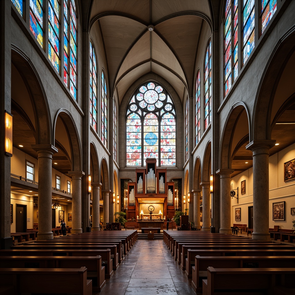 Prompt: Intricate stained glass windows, symmetrical arches, ornate vaulted ceilings, grandiose pipe organs, minimalist pews, sacred altars, geometric patterns, constructivist architecture, brutalist concrete structures, abstract sculptures, vibrant colorful mosaics, dramatic lighting effects, high contrast shadows, 1/1 composition, low-angle shot, warm golden hour lighting, realistic textures, ambient occlusion.