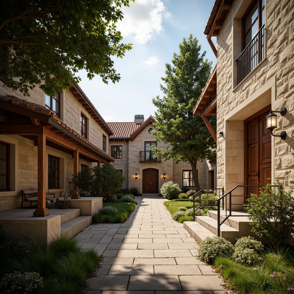 Prompt: Rustic university campus, regionalism style architecture, local materials, reclaimed wood accents, natural stone walls, earthy color palette, traditional roof tiles, ornate wooden doors, vintage lanterns, lush greenery, mature trees, serene atmosphere, warm soft lighting, shallow depth of field, 3/4 composition, panoramic view, realistic textures, ambient occlusion.