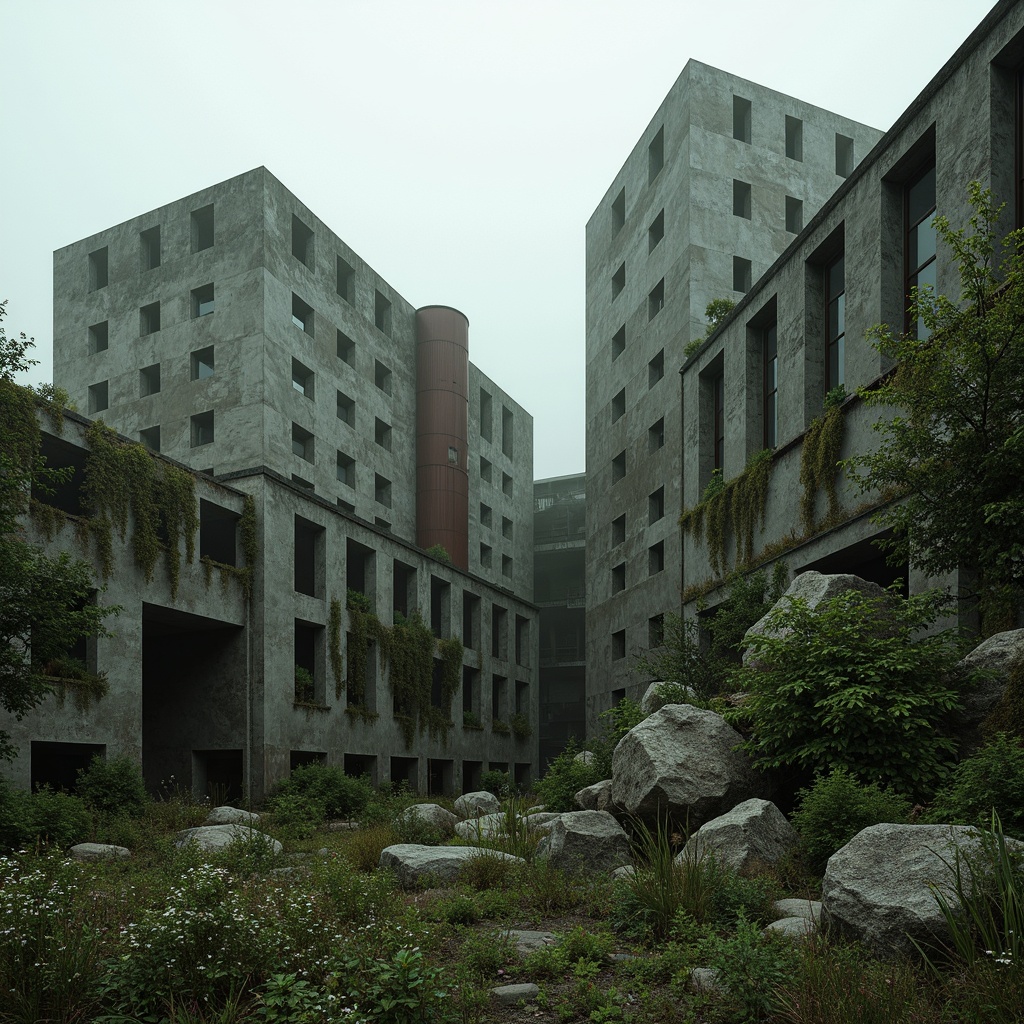 Prompt: Rugged brutalist architecture, raw concrete textures, fortress-like structures, overgrown vegetation, wildflowers, moss-covered walls, industrial landscapes, abandoned factories, rusty machinery, distressed metal accents, urban decay, gritty atmosphere, dramatic lighting, high contrast shadows, cinematic composition, atmospheric fog, misty mornings, eerie silence, desolate surroundings, fragmented rocks, weathered wood, reclaimed materials, post-apocalyptic ambiance.