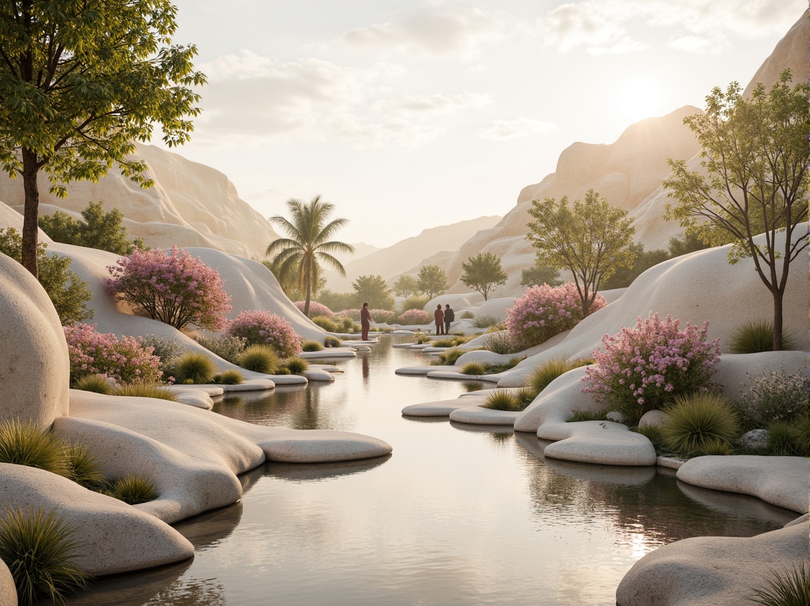 Prompt: Soft pastel hues, calming atmosphere, serene natural surroundings, gentle water features, lush greenery, blooming flowers, warm beige tones, creamy whites, pale blues, soothing mauves, earthy terracottas, subtle texture contrasts, organic shapes, minimalist composition, shallow depth of field, 1/1 aspect ratio, soft focus, warm golden lighting, realistic renderings.