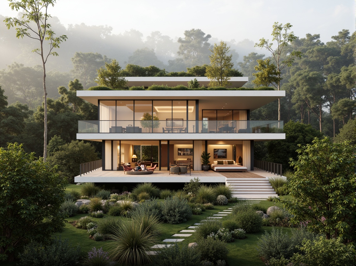 Prompt: South-facing building facade, abundant natural light, passive solar heating, energy-efficient design, modern minimalist architecture, sleek glass windows, cantilevered rooflines, open floor plans, airy interior spaces, warm earthy tones, organic textures, lush green roofs, verdant surroundings, serene forest backdrop, misty morning atmosphere, soft diffused lighting, 1/1 composition, realistic rendering.