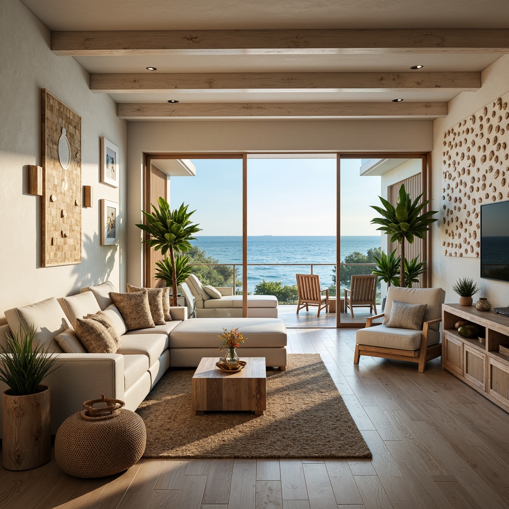 Prompt: Coastal living room, ocean-inspired color palette, driftwood accents, natural textiles, woven sea grass furniture, coral-patterned rugs, shell-adorned decorative walls, floor-to-ceiling windows, sliding glass doors, panoramic ocean views, soft warm lighting, beachy ambiance, minimalist decor, nautical-themed accessories, distressed wood flooring, plush sectional sofas, built-in shelving units, tropical plants, calming atmosphere, 1/1 composition, realistic reflections, ambient occlusion.