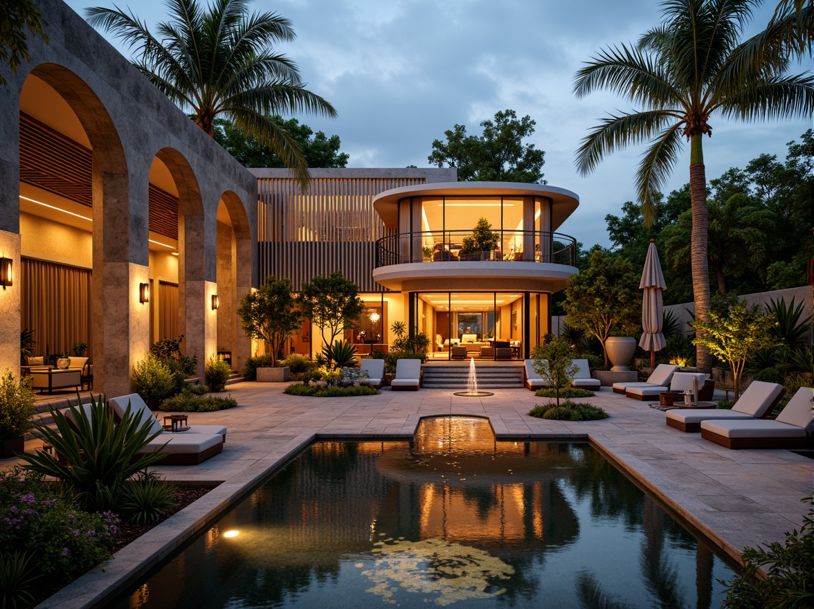 Prompt: Luxurious villa, Art Deco style, ornate metalwork, curved lines, geometric patterns, lavish furnishings, plush outdoor seating, vibrant tropical plants, exotic flowers, tranquil water features, sparkling fountains, warm golden lighting, soft evening ambiance, shallow depth of field, 1/1 composition, symmetrical framing, realistic textures, ambient occlusion.