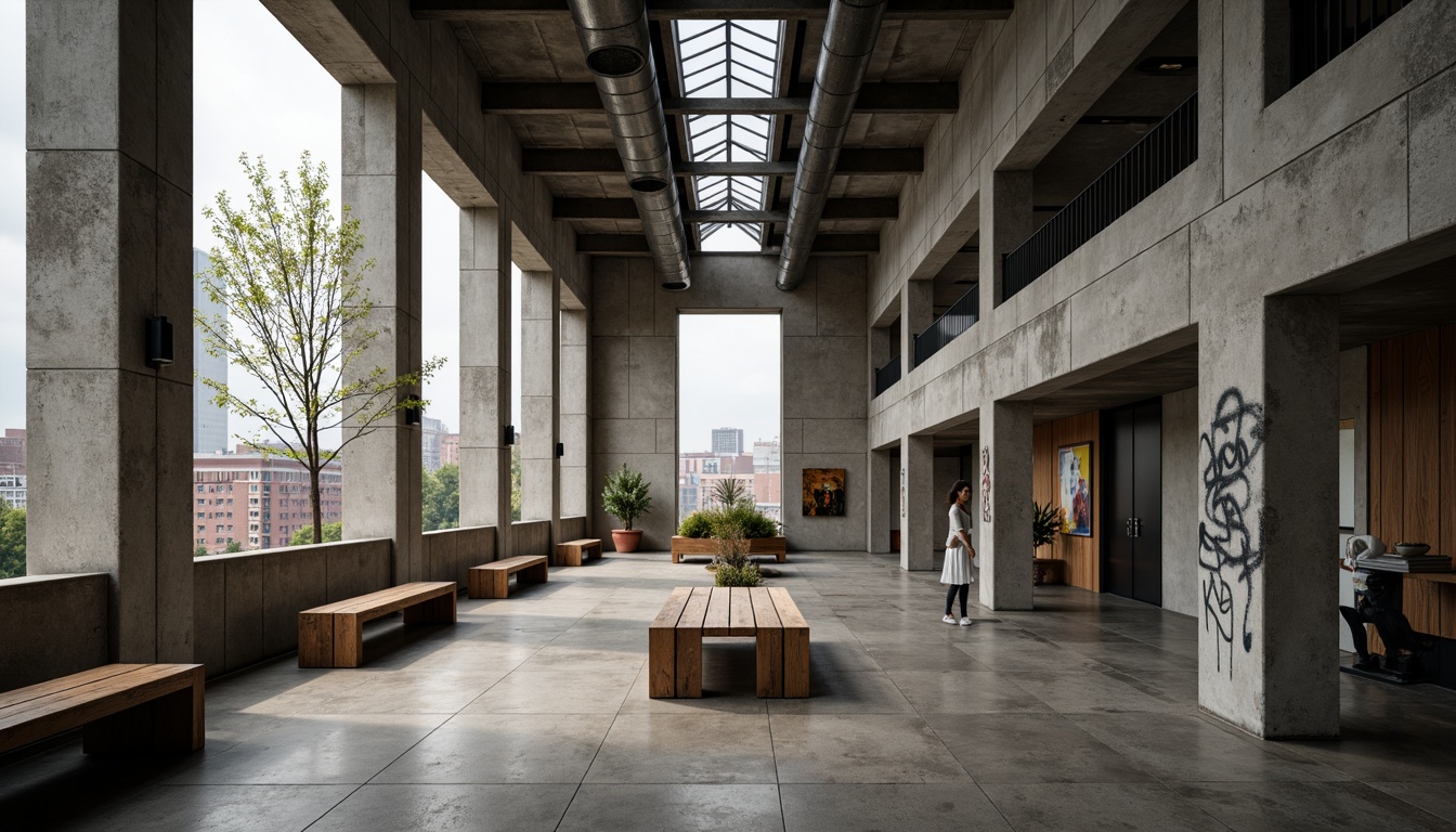 Prompt: Rugged community center, brutalist architecture, raw concrete walls, exposed ductwork, industrial metal beams, natural light pouring in, large skylights, clerestory windows, urban landscape views, gritty cityscape, overcast sky, soft diffused lighting, high contrast shadows, dramatic architectural forms, bold geometric shapes, functional minimalism, communal gathering spaces, reclaimed wood accents, weathered steel features, abstract graffiti art, moody atmospheric tones, cinematic composition, realistic textures, ambient occlusion.