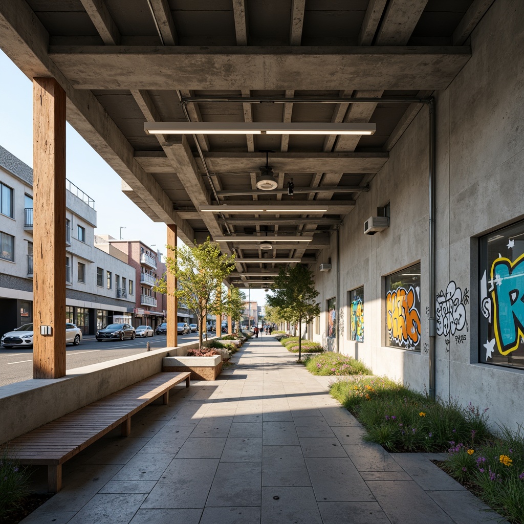 Prompt: Rehabilitation center, brutalist architecture, exposed concrete walls, industrial metal beams, minimalist decor, natural stone flooring, large windows, abundant daylight, urban cityscape, busy streets, modern streetlights, vibrant graffiti, eclectic textures, abstract patterns, bold color accents, geometric shapes, asymmetrical composition, high-contrast lighting, dramatic shadows, 1/2 composition, cinematic view, realistic materials, ambient occlusion.