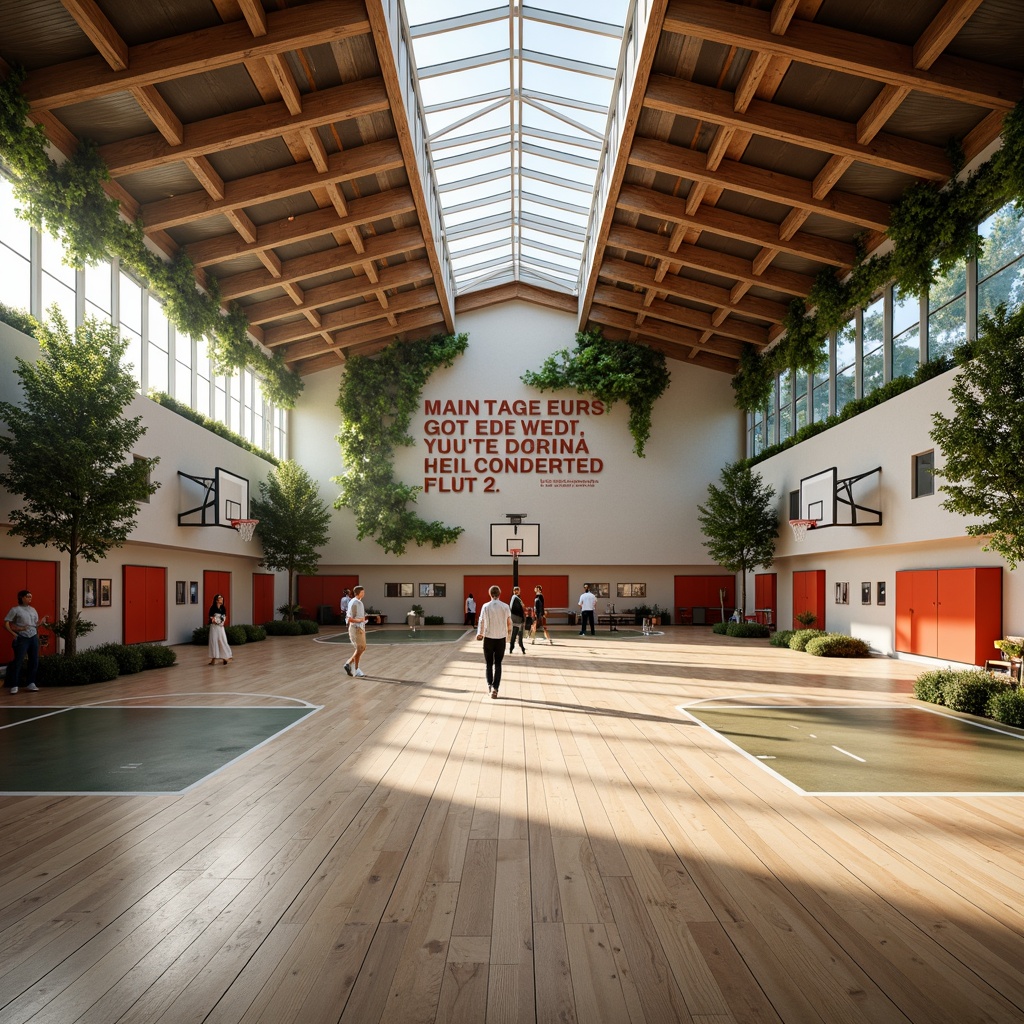 Prompt: Spacious gymnasium interior, high ceilings, natural light pouring in, polished wooden floors, basketball courts, sports equipment, athletic tracks, motivational quotes, modern architectural design, sleek lines, minimalist decor, vibrant color accents, abundant greenery, living walls, airy atmosphere, soft warm lighting, shallow depth of field, 3/4 composition, panoramic view, realistic textures, ambient occlusion.