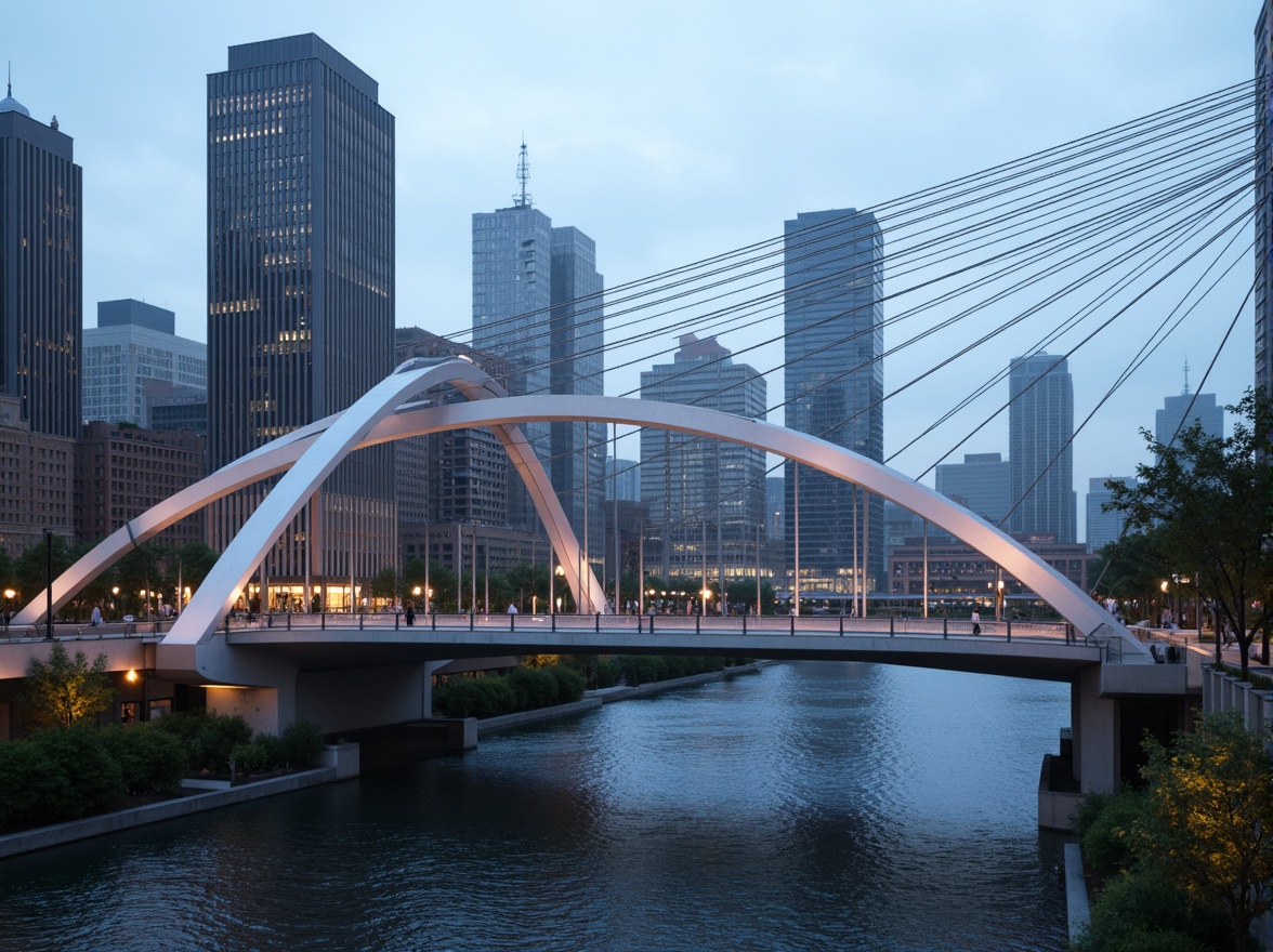 Prompt: Futuristic bridge, sleek metal arches, suspension cables, modern fusion architecture, dynamic curves, angular lines, vibrant LED lighting, urban cityscape, misty morning atmosphere, shallow depth of field, 1/2 composition, realistic reflections, ambient occlusion, intricate structural details, steel beams, reinforced concrete pillars, cantilevered sections, pedestrian walkways, vehicle traffic lanes, water flow simulations, rippling water effects, surrounding skyscrapers, bustling city life.