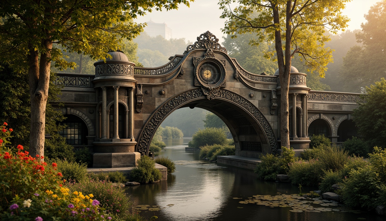 Prompt: Ornate Baroque bridge, rich jewel-toned color palette, warm golden lighting, intricate stone carvings, ornamental metalwork, majestic arches, rustic stonework, moss-covered walls, serene river waters, lush greenery, vibrant flowers, soft misty atmosphere, shallow depth of field, 1/1 composition, realistic textures, ambient occlusion.