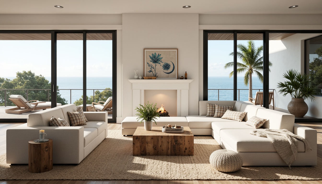 Prompt: Coastal living room, ocean-inspired color palette, driftwood accents, natural textiles, woven sea grass rugs, shell-adorned decorative pieces, floor-to-ceiling windows, sliding glass doors, beachy vibe, soft warm lighting, 1/1 composition, shallow depth of field, realistic wood textures, ambient occlusion, modern minimalist furniture, plush sectional sofas, reclaimed wood coffee tables, nautical-themed artwork, coral-patterned throw pillows, sea salt-scented candles, calming atmosphere.