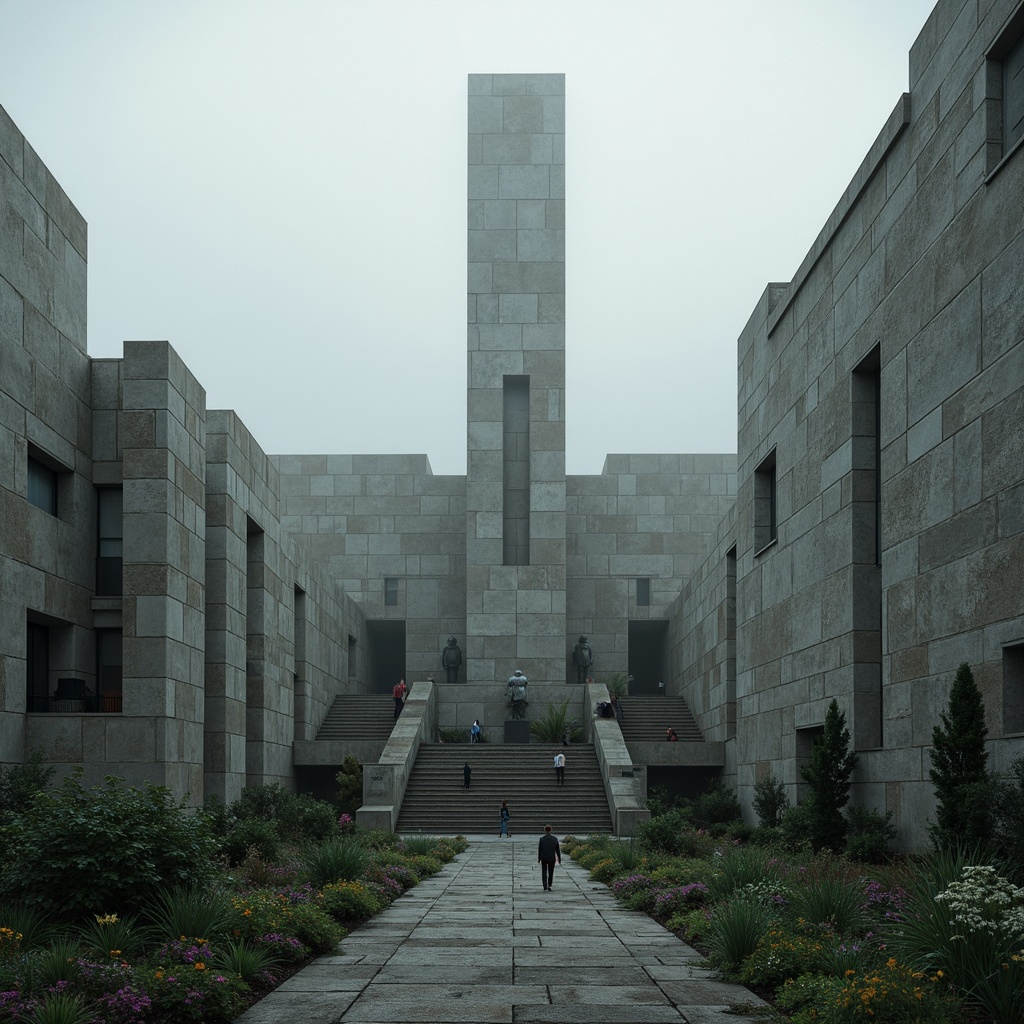 Prompt: Rugged concrete monument, brutalist architecture, solemn atmosphere, memorial gardens, abstract sculptures, weathered stone walls, fortress-like structures, imposing scale, dramatic lighting, misty foggy mornings, low-angle photography, cinematic composition, high-contrast textures, ambient occlusion, historic significance, commemorative plaques, somber color palette, muted tones, geometric patterns, monumental staircases, grand entrance halls.