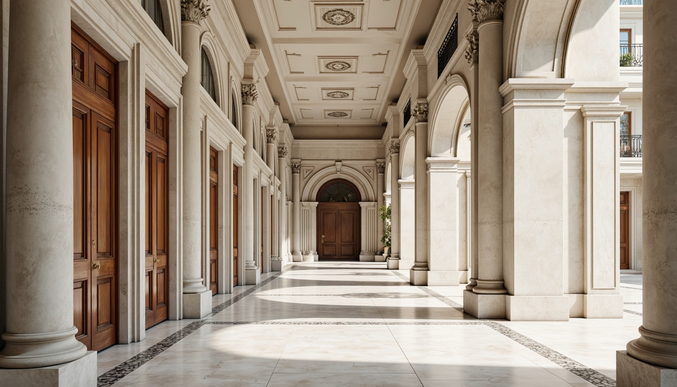 Prompt: Elegant classical buildings, ornate columns, carved stone facades, grand entranceways, symmetrical compositions, neutral color palette, creamy whites, soft grays, warm beiges, rich wood tones, polished marble floors, intricate moldings, decorative cornices, ornamental balustrades, subtle texture variations, natural light illumination, soft shadows, 1/1 composition, realistic renderings, ambient occlusion.