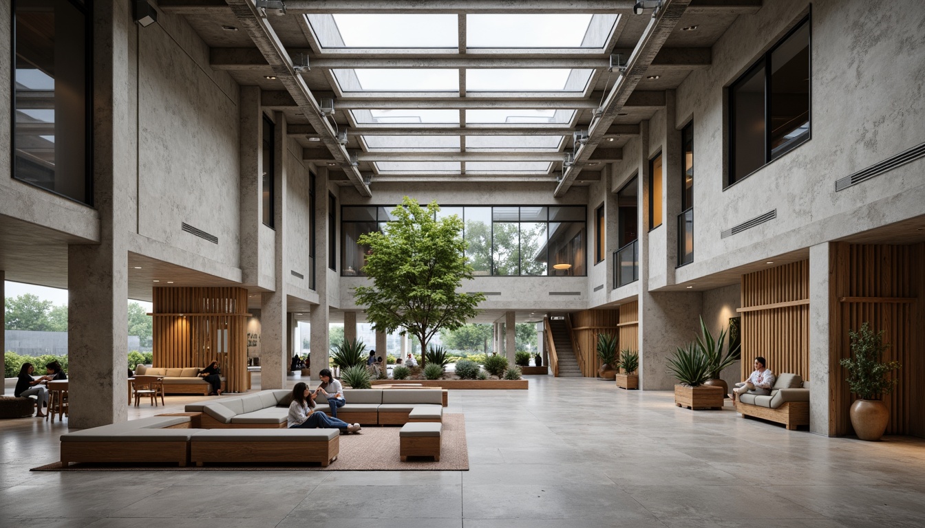 Prompt: Rugged community center, brutalist architecture, raw concrete walls, exposed ductwork, industrial metal beams, minimalist decor, abundant natural light, clerestory windows, skylights, open floor plan, communal seating areas, reclaimed wood accents, urban landscape views, overcast skies, soft diffused lighting, high contrast shadows, 1/1 composition, symmetrical framing, gritty textures, ambient occlusion.