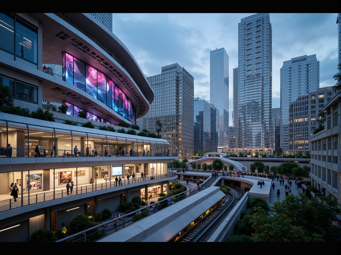 Prompt: Futuristic metro station, sleek metallic fa\u00e7ade, neon-lit signage, holographic advertisements, elevated walkways, transparent glass roofs, spacious interior platforms, advanced ticketing systems, high-speed trains, modern urban planning, integrated public transportation hub, bustling cityscape, towering skyscrapers, vibrant LED lighting, dynamic pedestrian flow, efficient crowd management, sustainable energy harvesting, green walls, futuristic architecture, 3/4 composition, shallow depth of field, panoramic view, realistic textures, ambient occlusion.