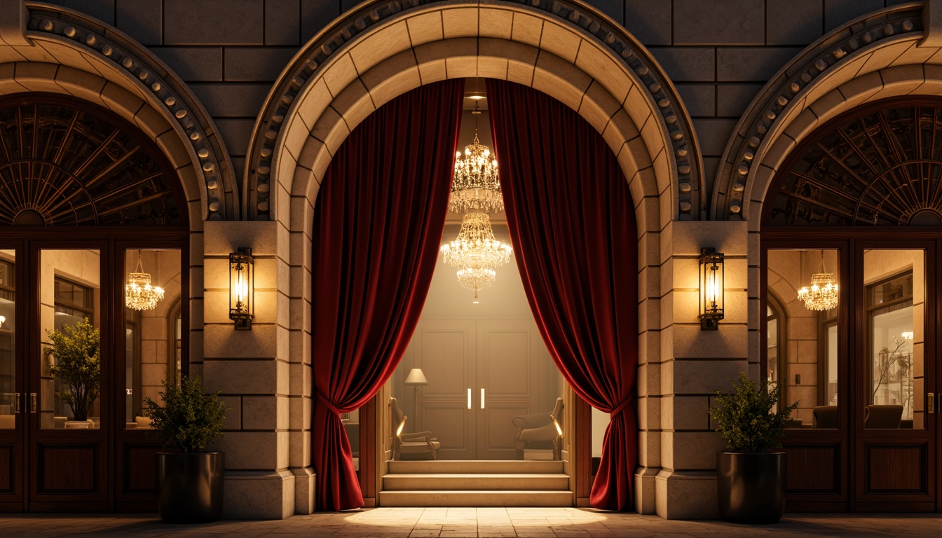 Prompt: Majestic nightclub facade, Romanesque arches, ornate stone carvings, grand entrance, heavy wooden doors, intricate ironwork, warm golden lighting, soft misty atmosphere, mysterious shadows, luxurious velvet drapes, lavish chandeliers, rich wood paneling, antique bronze fixtures, dramatic spotlights, 1/2 composition, low-angle shot, cinematic mood, high-contrast rendering.