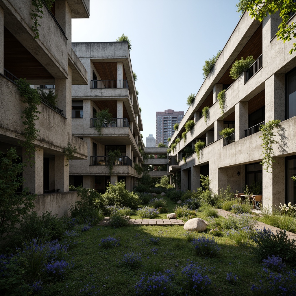 Prompt: Rugged brutalist buildings, raw concrete textures, fortress-like structures, overgrown vegetation, wildflowers, moss-covered walls, weathered steel beams, industrial materials, urban landscape integration, cityscape views, elevated walkways, cantilevered sections, dramatic shadows, harsh natural light, 1/1 composition, symmetrical framing, high-contrast lighting, gritty realistic textures, ambient occlusion.