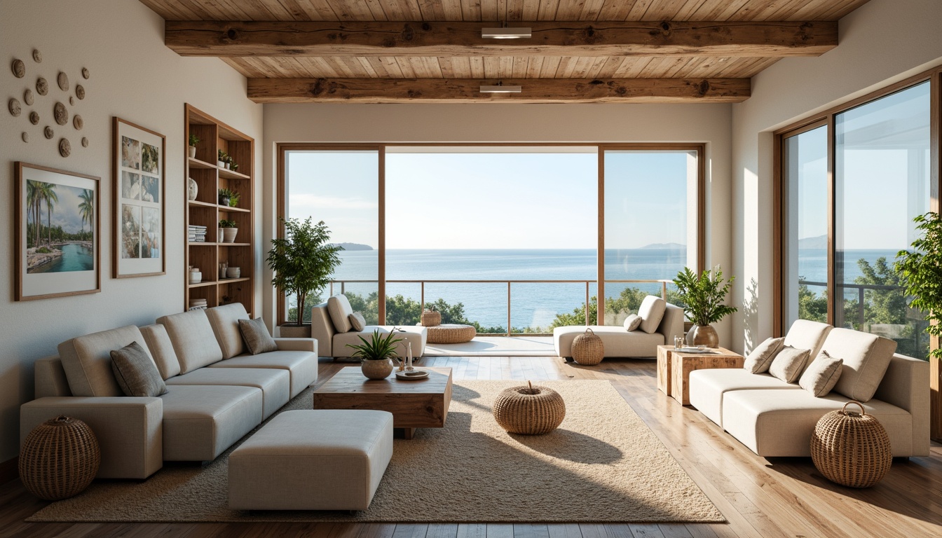 Prompt: Coastal living room, ocean-inspired color palette, driftwood accents, natural textiles, woven sea grass furniture, coral-patterned rugs, shell-adorned decorative walls, floor-to-ceiling windows, sliding glass doors, panoramic ocean views, soft warm lighting, beachy ambiance, minimalist decor, nautical-themed accessories, distressed wood flooring, plush sectional sofas, built-in shelving units, tropical plants, calming atmosphere, 1/1 composition, realistic reflections, ambient occlusion.