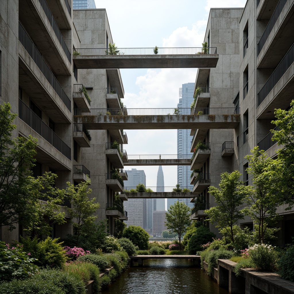 Prompt: Rugged brutalist buildings, raw concrete textures, fortress-like structures, overgrown vegetation, wildflowers, moss-covered walls, weathered steel beams, industrial materials, urban landscape integration, cityscape views, elevated walkways, cantilevered sections, dramatic shadows, harsh natural light, 1/1 composition, symmetrical framing, high-contrast colors, gritty realistic textures, ambient occlusion.