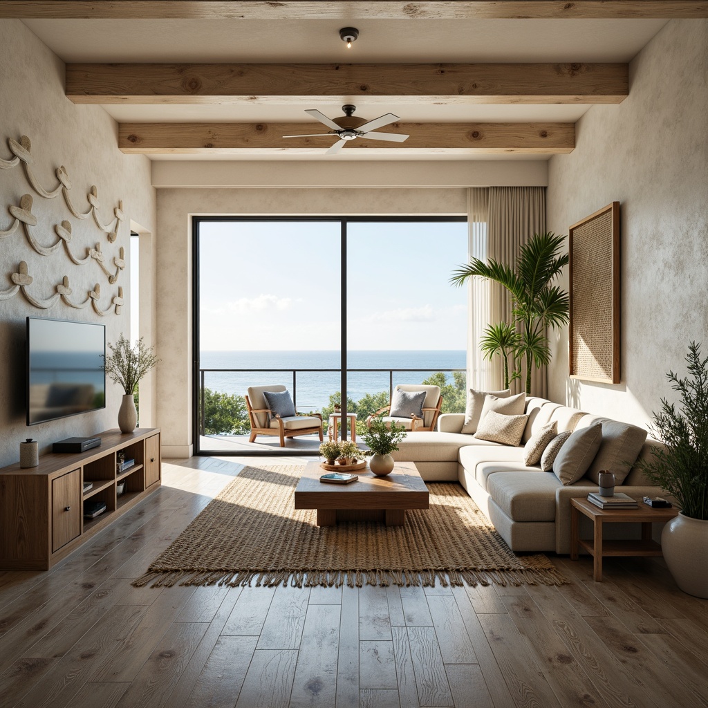 Prompt: Coastal living room, ocean-inspired color palette, driftwood accents, natural textiles, woven sea grass furniture, coral-patterned rugs, shell-adorned decorative walls, floor-to-ceiling windows, sliding glass doors, panoramic ocean views, soft warm lighting, beachy ambiance, minimalist decor, nautical-themed accessories, distressed wood flooring, plush sectional sofas, built-in shelving units, tropical plants, calming atmosphere, 1/1 composition, realistic reflections, ambient occlusion.