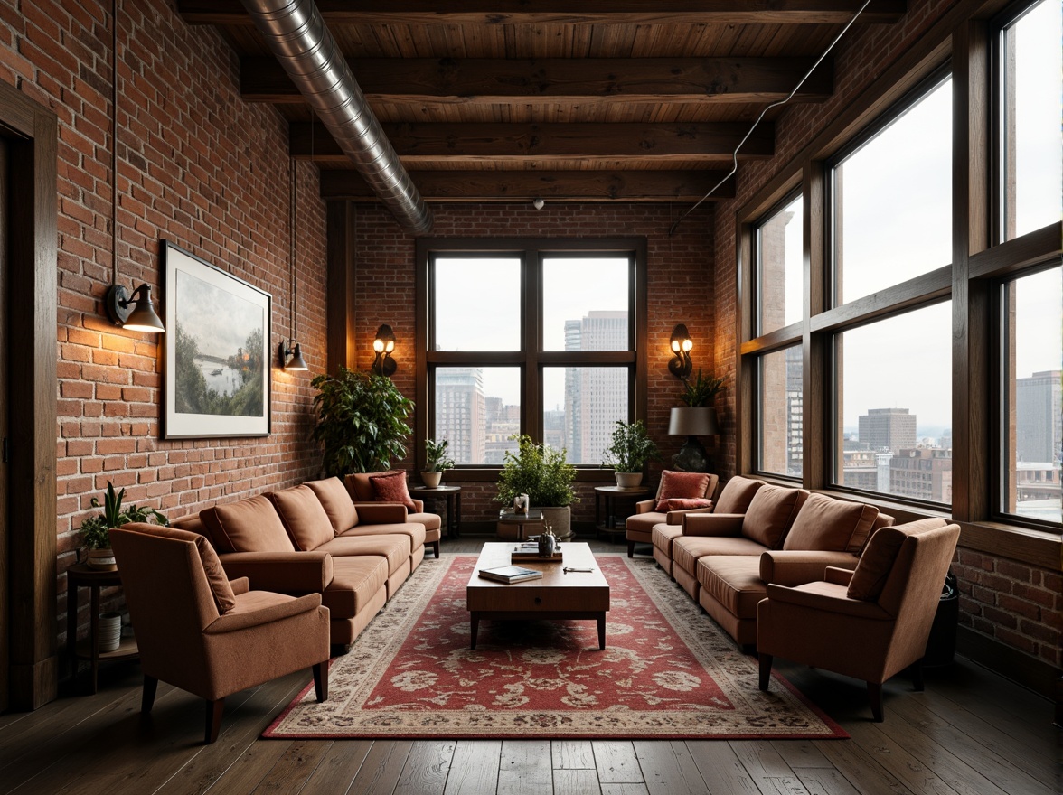 Prompt: Exposed brick walls, wooden beam ceilings, industrial metal pipes, reclaimed wood floors, vintage decorative items, soft warm lighting, cozy reading nooks, plush velvet sofas, distressed leather armchairs, eclectic art collections, floor-to-ceiling windows, cityscape views, minimalist decor, rustic-chic accents, natural textiles, earthy color palette, intimate ambiance, 1/1 composition, shallow depth of field, warm golden hour lighting, soft focus effect.