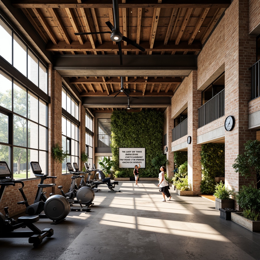 Prompt: Vibrant gym interior, metabolism-inspired design, natural light pouring in, large windows, industrial metal beams, reclaimed wood accents, exposed brick walls, modern fitness equipment, free weights, treadmills, exercise bikes, motivational quotes, greenery walls, living plants, earthy tones, warm color scheme, high ceilings, open spaces, minimal decor, functional layout, softbox lighting, shallow depth of field, 1/1 composition, realistic textures, ambient occlusion.