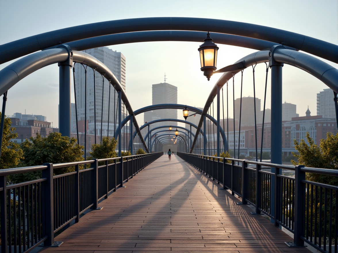 Prompt: Curved pedestrian bridge, steel arches, suspension cables, wooden decking, metal railings, lantern-style lighting, urban cityscape, morning mist, soft warm glow, shallow depth of field, 1/2 composition, symmetrical framing, realistic reflections, ambient occlusion, modern minimalist design, sleek lines, functional simplicity, accessible ramps, safety barriers, vibrant street art, eclectic urban textures.