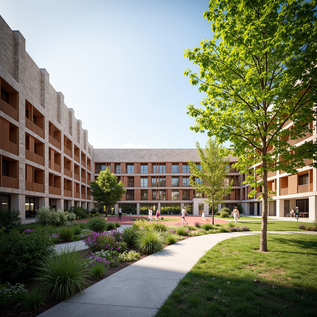 Prompt: Vibrant gymnasium courtyard, lush greenery, natural stone walls, wooden accents, modern architecture, large windows, glass doors, blooming trees, sunny day, soft warm lighting, shallow depth of field, 3/4 composition, panoramic view, realistic textures, ambient occlusion, outdoor fitness equipment, jogging tracks, sports fields, basketball courts, tennis courts, integrated landscape design, eco-friendly materials, sustainable energy solutions, rainwater harvesting systems, green roofs, innovative cooling technologies, shaded outdoor spaces, misting systems.