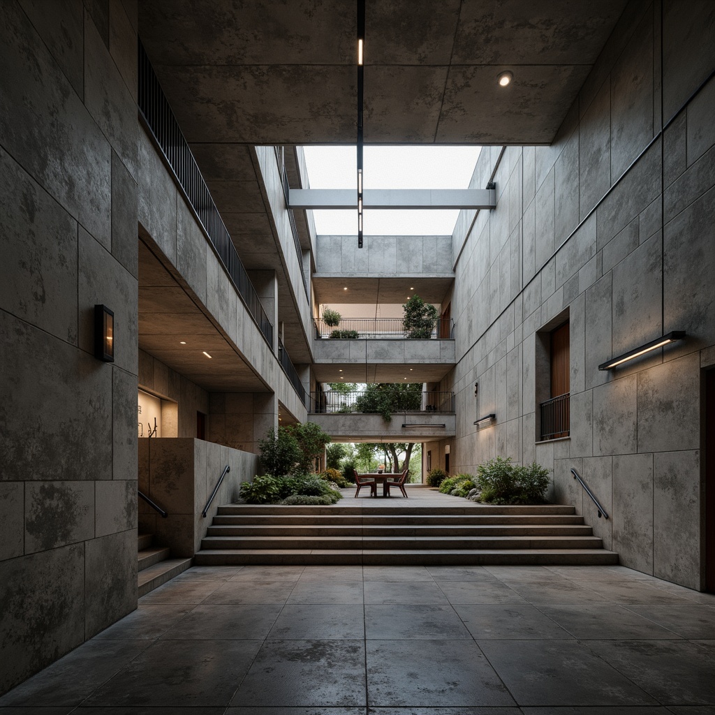 Prompt: Raw concrete walls, rugged textures, brutalist architecture, urban apartment building, industrial chic aesthetic, minimalist decor, functional simplicity, exposed ductwork, steel beams, industrial-style lighting, metal railings, raw wood accents, monochromatic color scheme, dramatic shadows, high-contrast lighting, cinematic composition, 1/2 camera angle, gritty realistic textures, ambient occlusion.