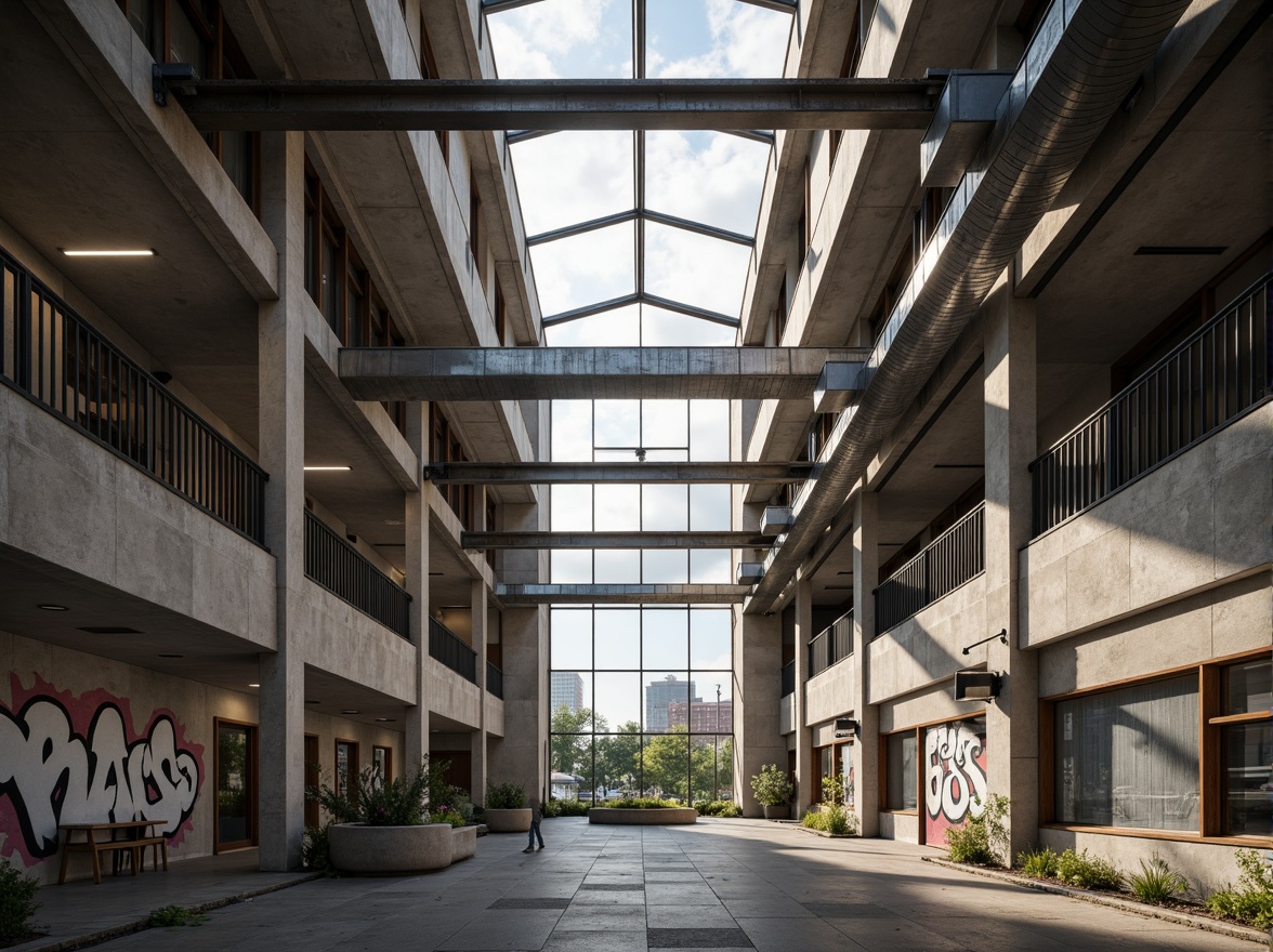 Prompt: Rugged community center, brutalist architecture, raw concrete walls, exposed ductwork, industrial metal beams, natural light pouring in, large skylights, clerestory windows, urban landscape views, gritty cityscape, overcast sky, soft diffused lighting, high contrast shadows, dramatic architectural forms, bold geometric shapes, functional minimalism, communal gathering spaces, reclaimed wood accents, weathered steel features, abstract graffiti art, moody atmospheric tones, cinematic composition, realistic textures, ambient occlusion.